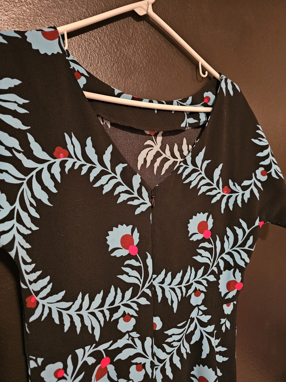 Boden Black Midi Dress with Light Blue Vine Print and Red Floral Accents - Picture 4 of 12